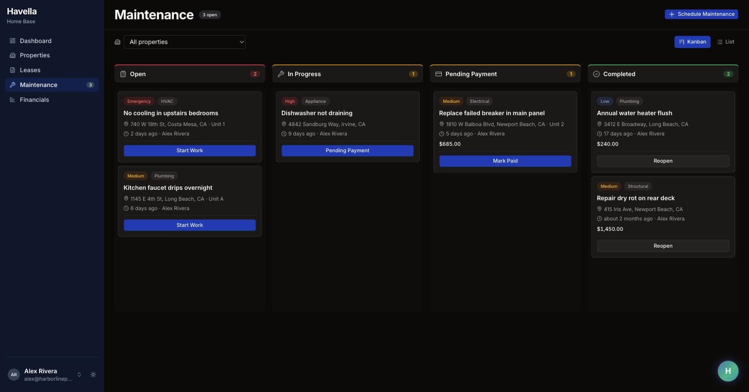 Havella maintenance board with tenant-submitted requests moving across status columns
