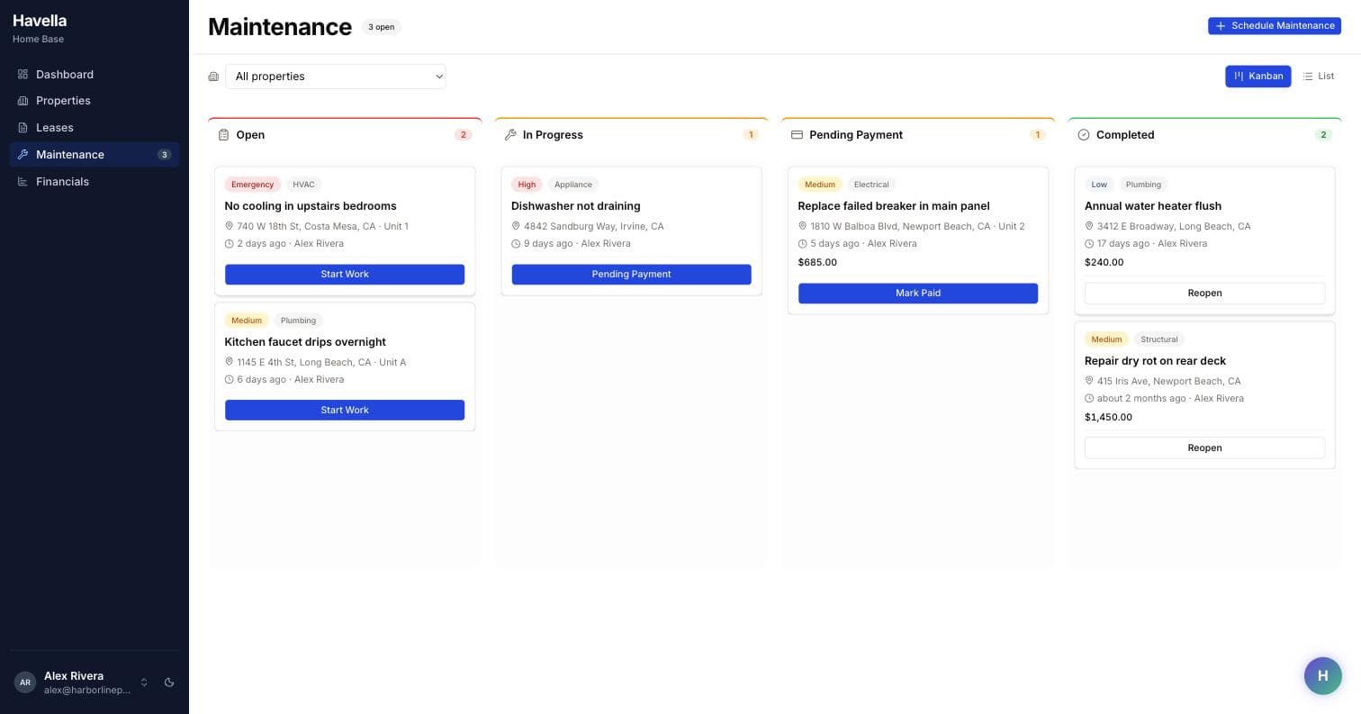 Havella maintenance board with tenant-submitted requests moving across status columns