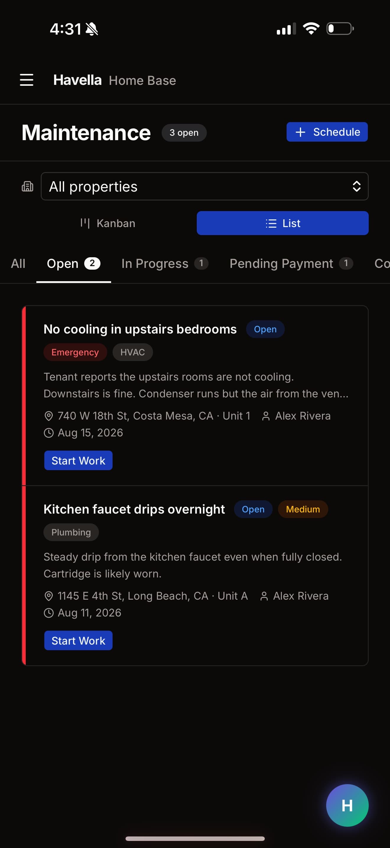 Havella maintenance queue on a phone, with an emergency HVAC request at the top