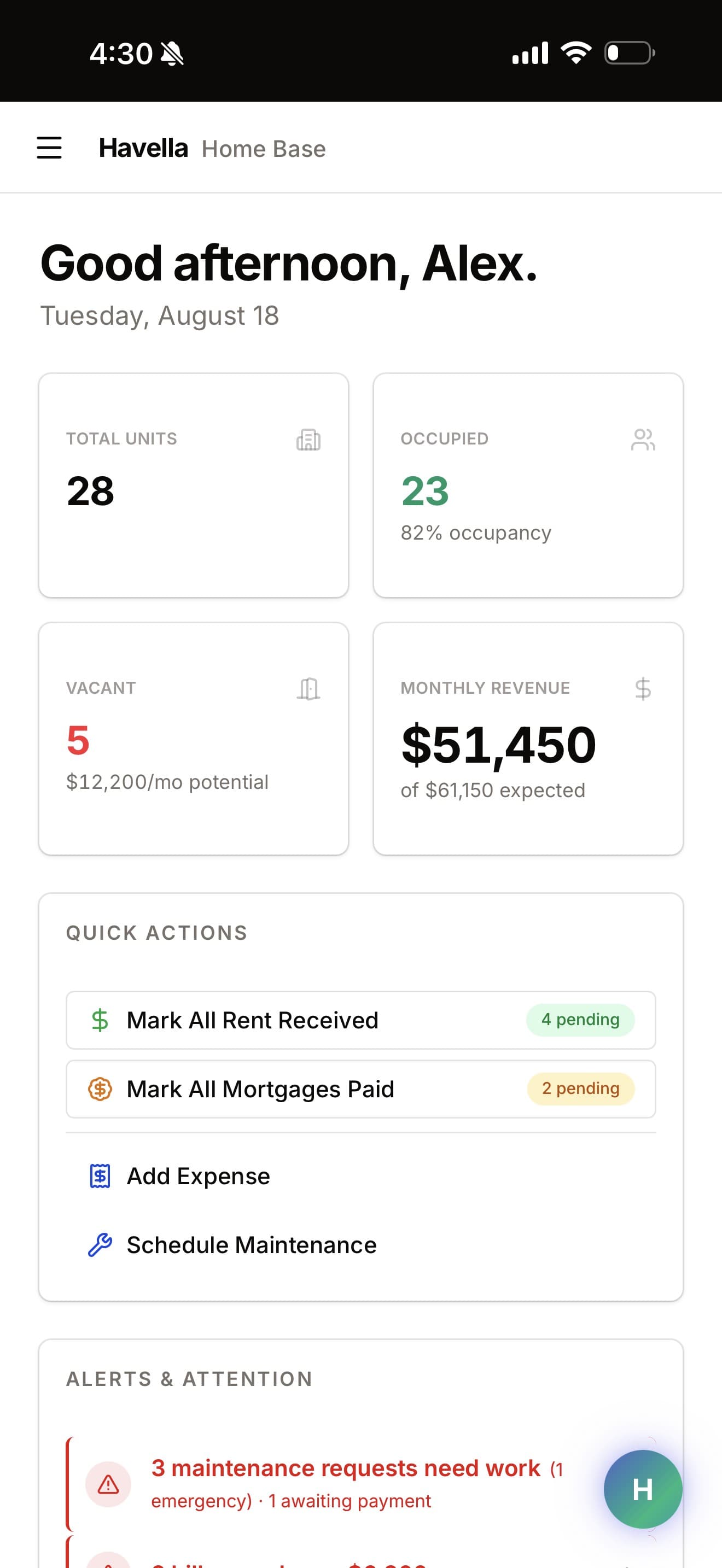 The same dashboard on a phone, showing occupancy and monthly revenue