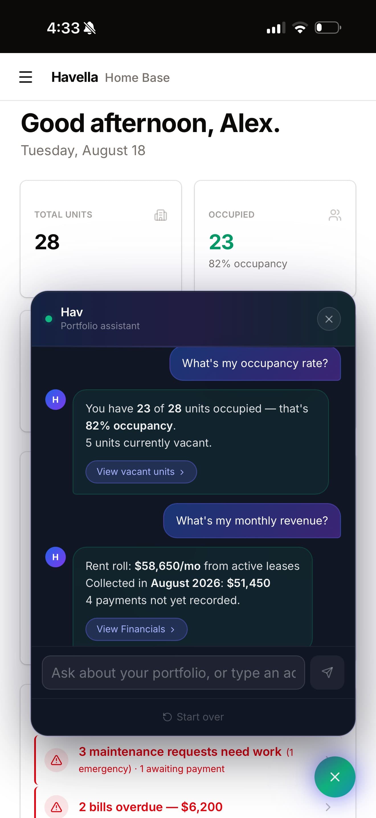 Asking Hav about occupancy and monthly revenue on a phone, with answers drawn from the portfolio