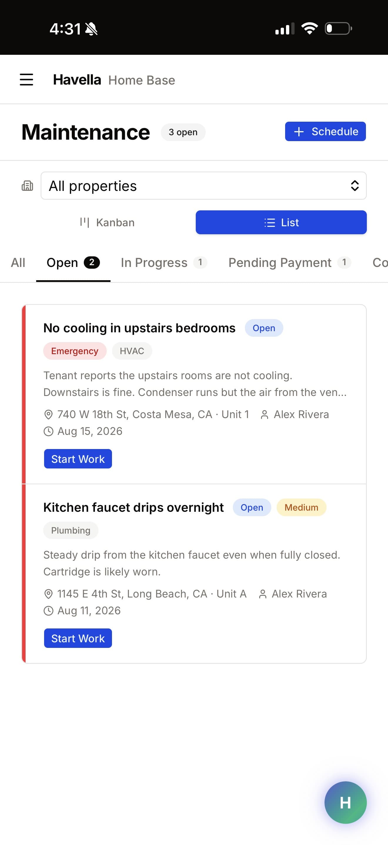 Havella maintenance queue on a phone, with an emergency HVAC request at the top